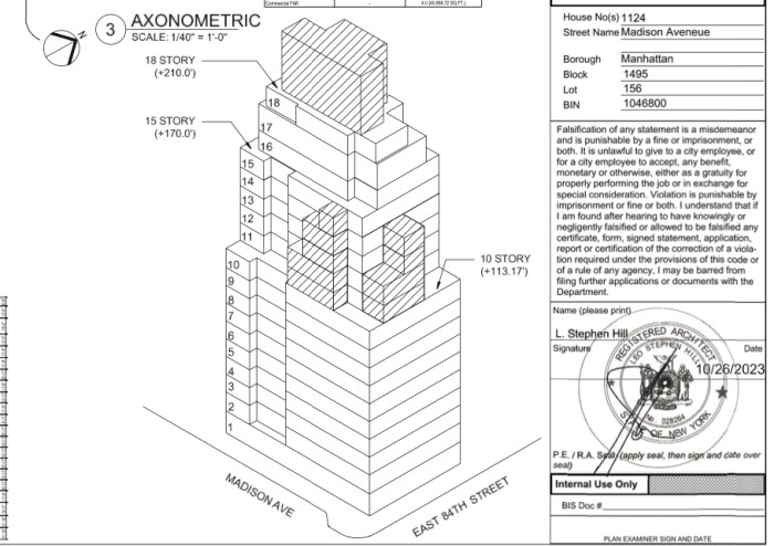 1124 Madison Avenue axonometric rendering (Credit - Leo Stephen Hill architect via DOB)