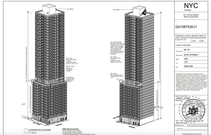 Two axonometric views of 42-19 24th Street, looking east (l.) and looking north (r.) (Credit - Jon K. Yung architect via DOB)